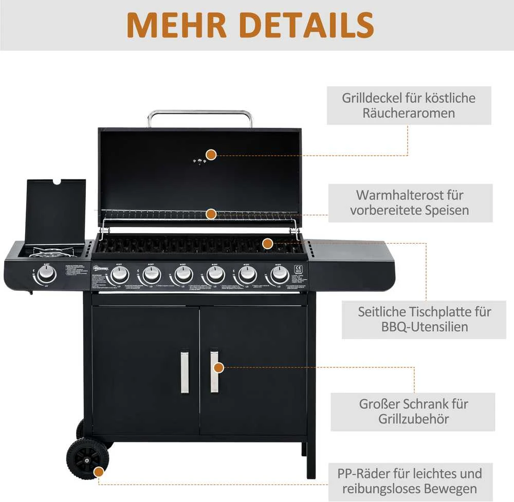 Outsunny dujinis grilis, BBQ vežimėlis su 6 degikliais, 1 šoniniu degikliu, spintele, daugiafunkcis, metalinis, juodas, 135 x 50 x 100 cm