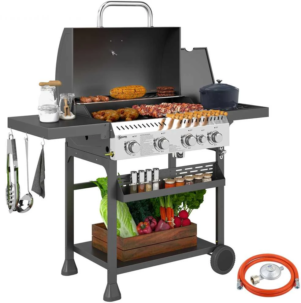 Outsunny dujinis grilis, 12 kW, 4+1 degikliai, nerūdijančio plieno grilio vežimėlis su šoniniu degikliu, termometru, grotelėmis, kaitlente, butelių atidarytuvu ir šoninėmis lentynomis, dujinis grilis balkonui, stovyklavimui, 135 x 55 x 103 cm