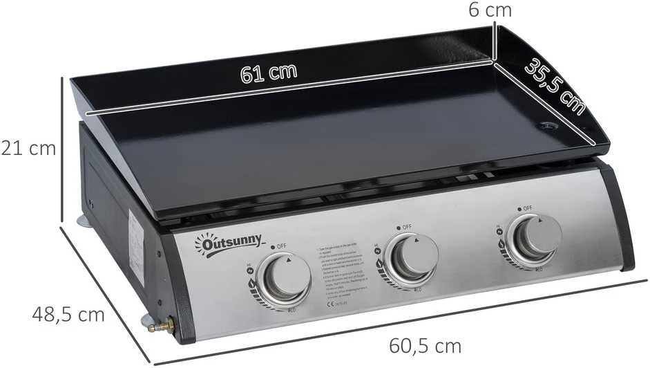 Outsunny dujinis grilis 10000BTU/2,5 kW, įskaitant 3 nerūdijančio plieno degiklius, slėgio reguliatorių, dujų žarną, BBQ sodo grilis balkonui, stovyklavimo grilis 63 x 48 x 21 cm