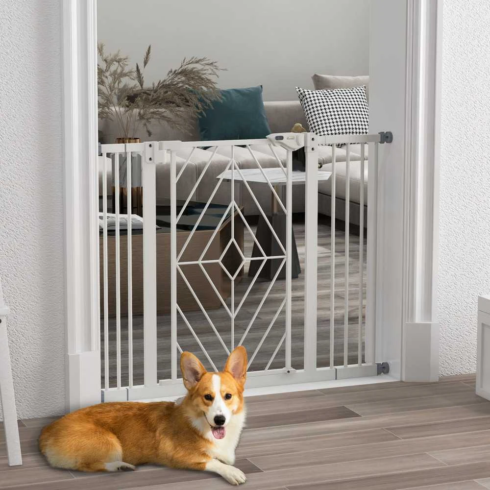 PawHut apsauginiai varteliai šunims, automatinės durys, be gręžimo, 74–100 cm, balti