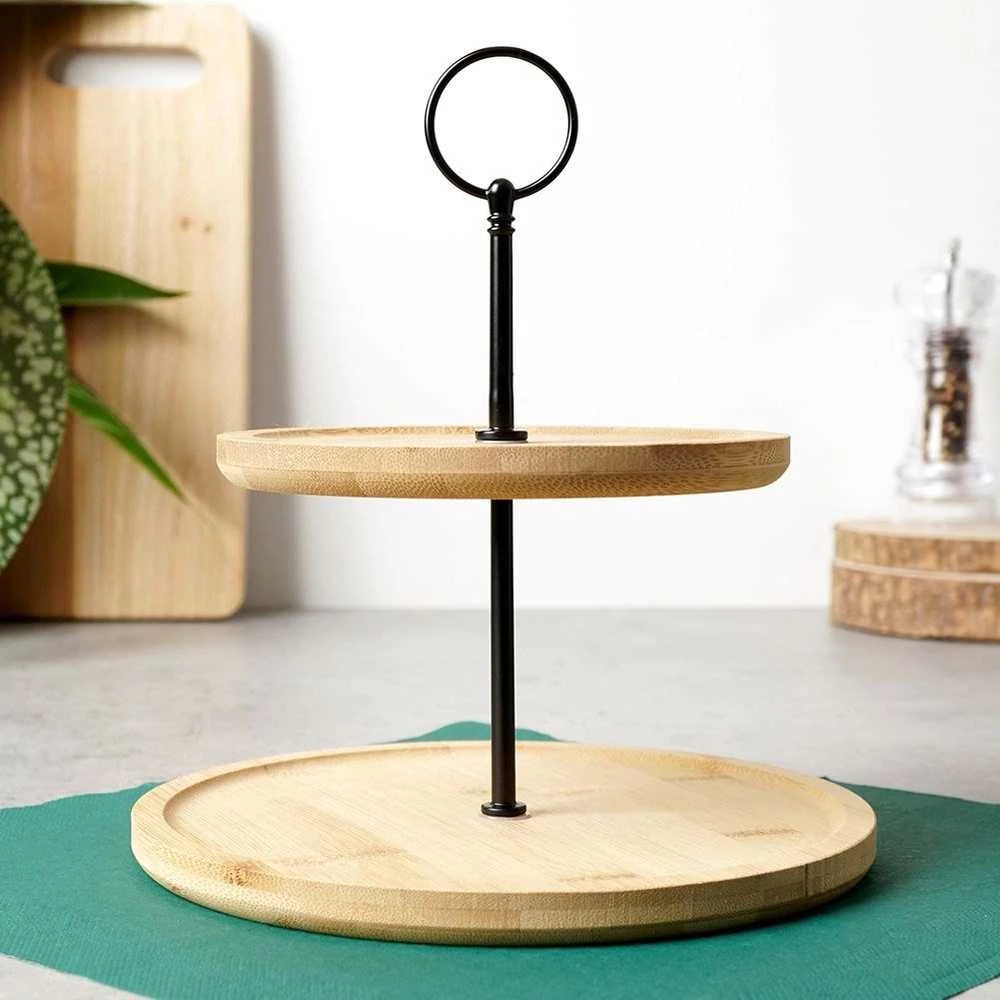 Excellent Houseware Bamboo Serviravimo Lėkštė 2 Aukštų 24 cm