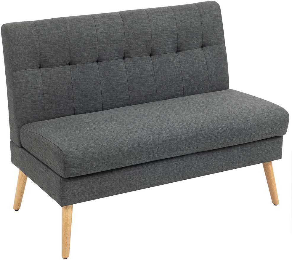 Dvivietė sofa, dygsniuotas atlošas, medinės kojelės, stambus polsteris, lininio audinio imitacija, tamsiai pilka