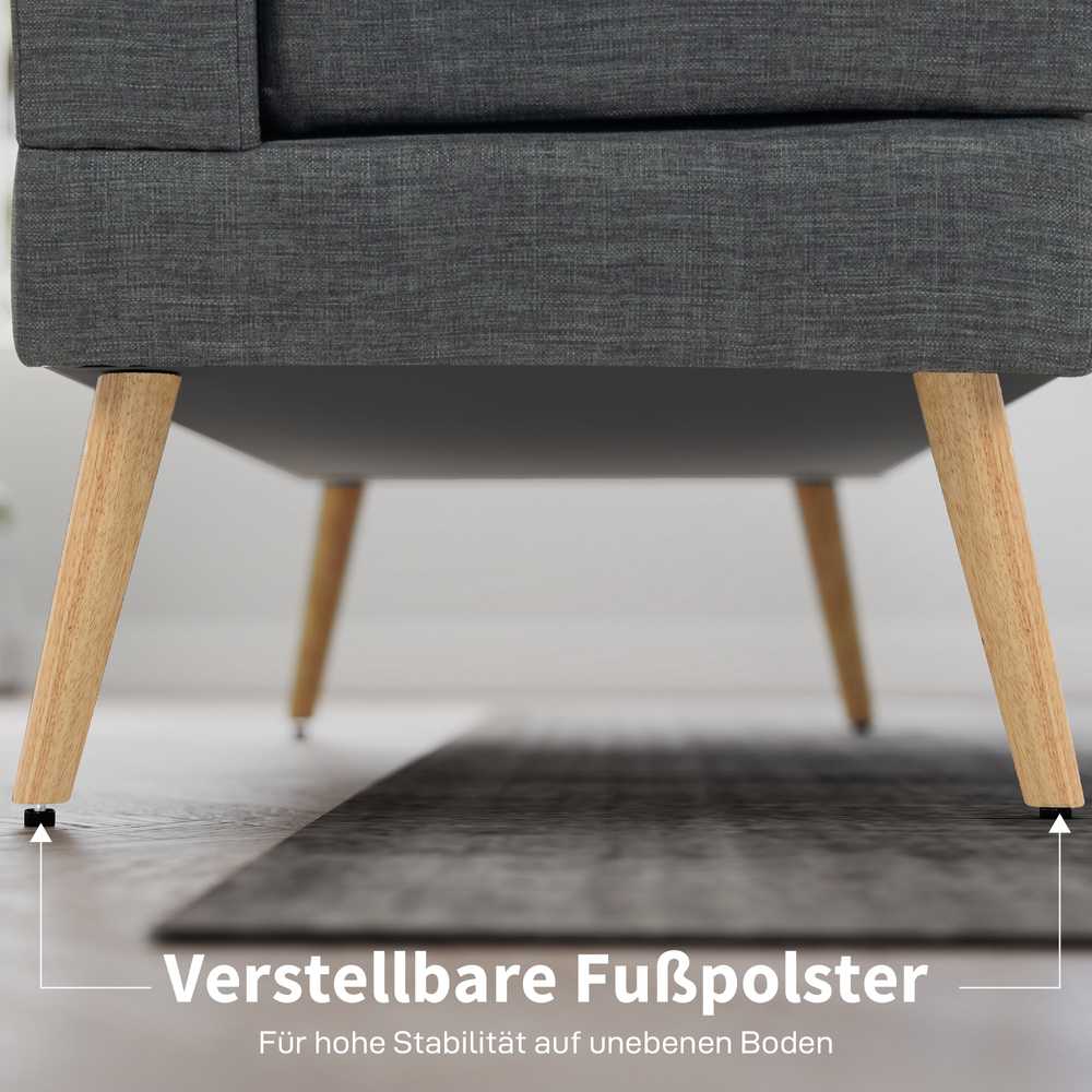 Dvivietė sofa, dygsniuotas atlošas, medinės kojelės, stambus polsteris, lininio audinio imitacija, tamsiai pilka