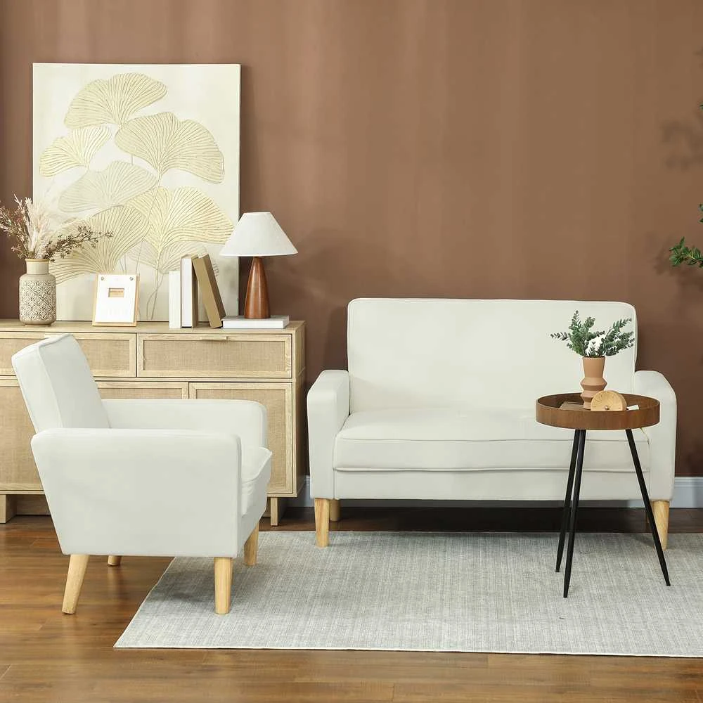 HOMCOM 2-vietė sofa, dvivietė sofa su kaučiukmedžio kojelėmis, minkšta sofa svetainei, miegamajam, kreminės baltos spalvos