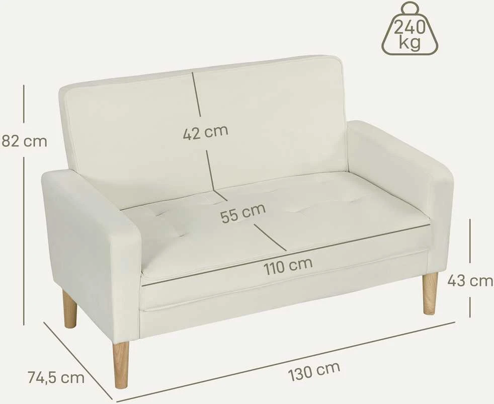 HOMCOM 2-vietė sofa, dvivietė sofa su kaučiukmedžio kojelėmis, minkšta sofa svetainei, miegamajam, kreminės baltos spalvos