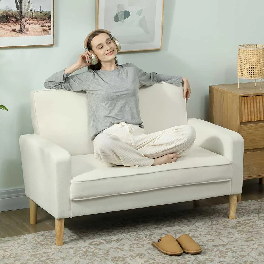 HOMCOM 2-vietė sofa, dvivietė sofa su kaučiukmedžio kojelėmis, minkšta sofa svetainei, miegamajam, kreminės baltos spalvos