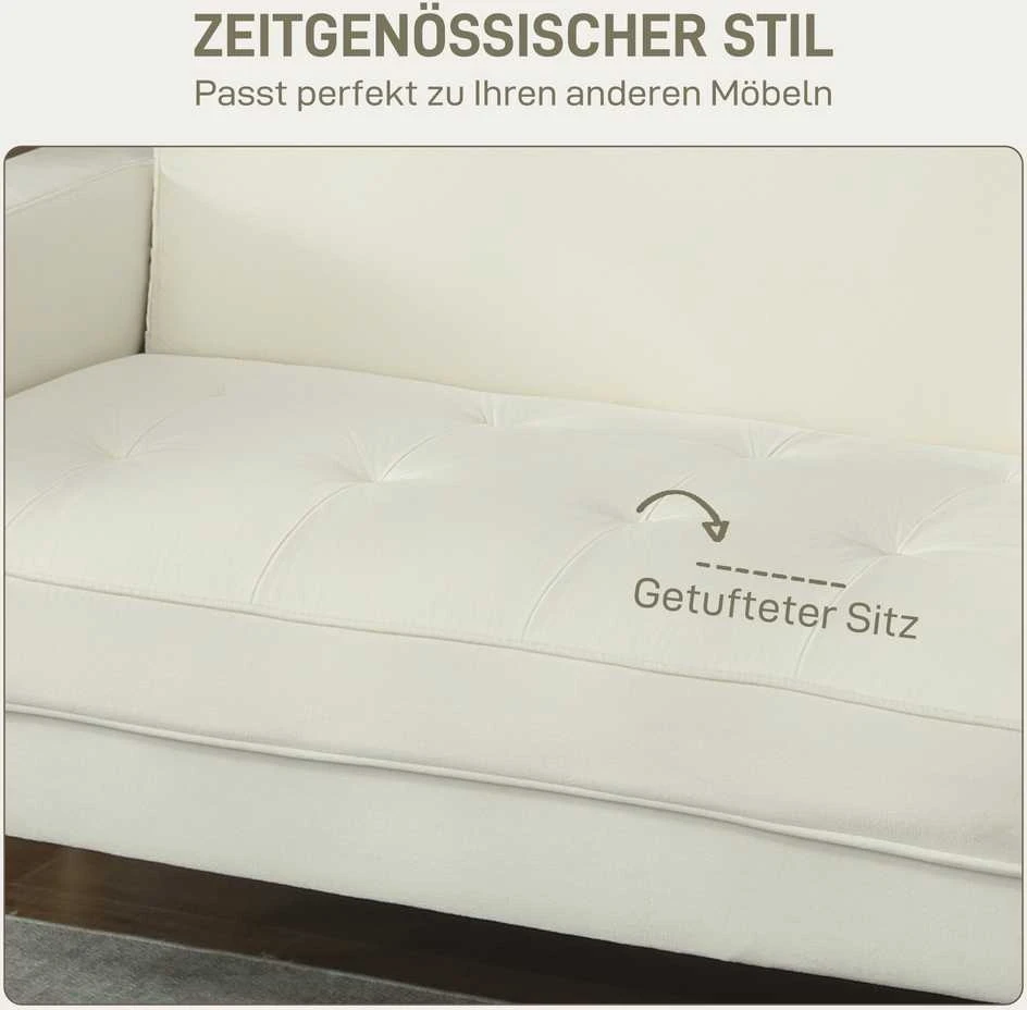 HOMCOM 2-vietė sofa, dvivietė sofa su kaučiukmedžio kojelėmis, minkšta sofa svetainei, miegamajam, kreminės baltos spalvos
