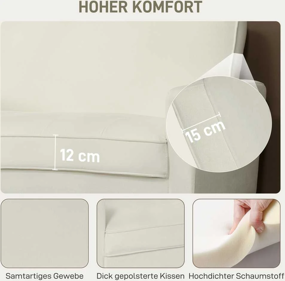 HOMCOM 2-vietė sofa, dvivietė sofa su kaučiukmedžio kojelėmis, minkšta sofa svetainei, miegamajam, kreminės baltos spalvos