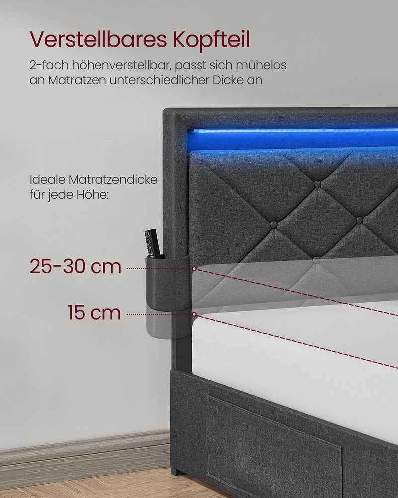 Vasagle Songmics Dvigulės lovos rėmas 160 x 200 cm su LED ir 4 stalčiais bei įkrovimo stotele