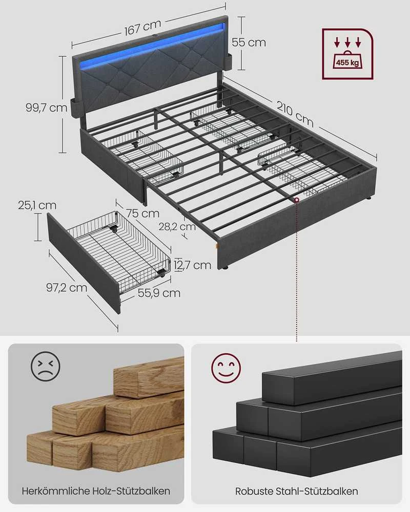 Vasagle Songmics Dvigulės lovos rėmas 160 x 200 cm su LED ir 4 stalčiais bei įkrovimo stotele