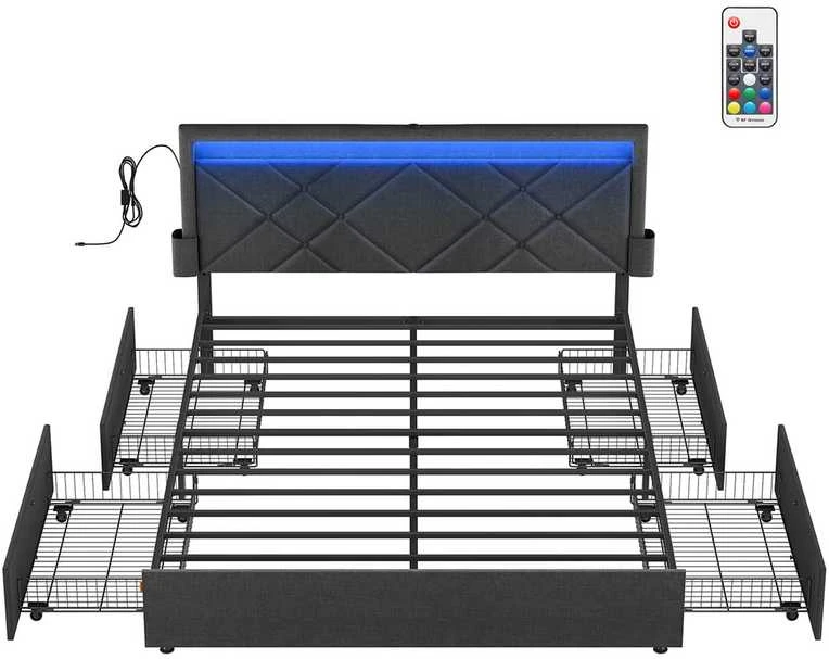 Vasagle Songmics Dvigulės lovos rėmas 160 x 200 cm su LED ir 4 stalčiais bei įkrovimo stotele