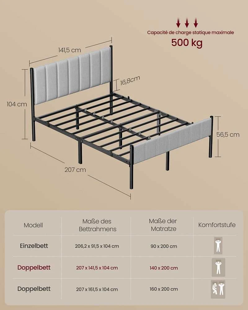 Vasagle Dvigulė lova su plieninėmis grotelėmis 140 x 200 cm, tauri pilka