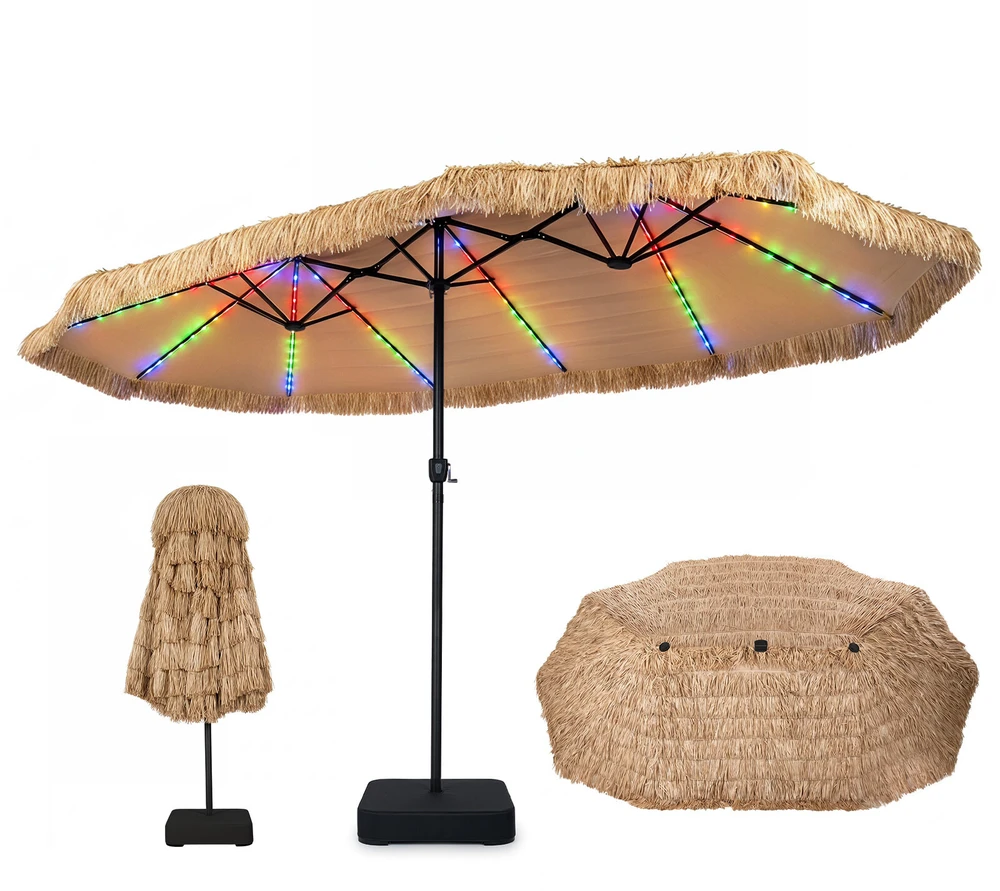 Dvipusis sodo skėtis su 144 LED lemputėmis, rudas ir juodas, 457,2 × 274,3 × 253 cm