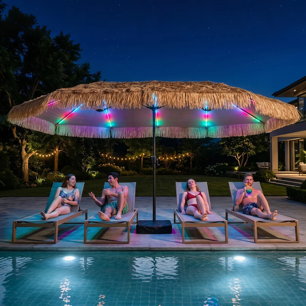 Dvipusis sodo skėtis su 144 LED lemputėmis, rudas ir juodas, 457,2 × 274,3 × 253 cm