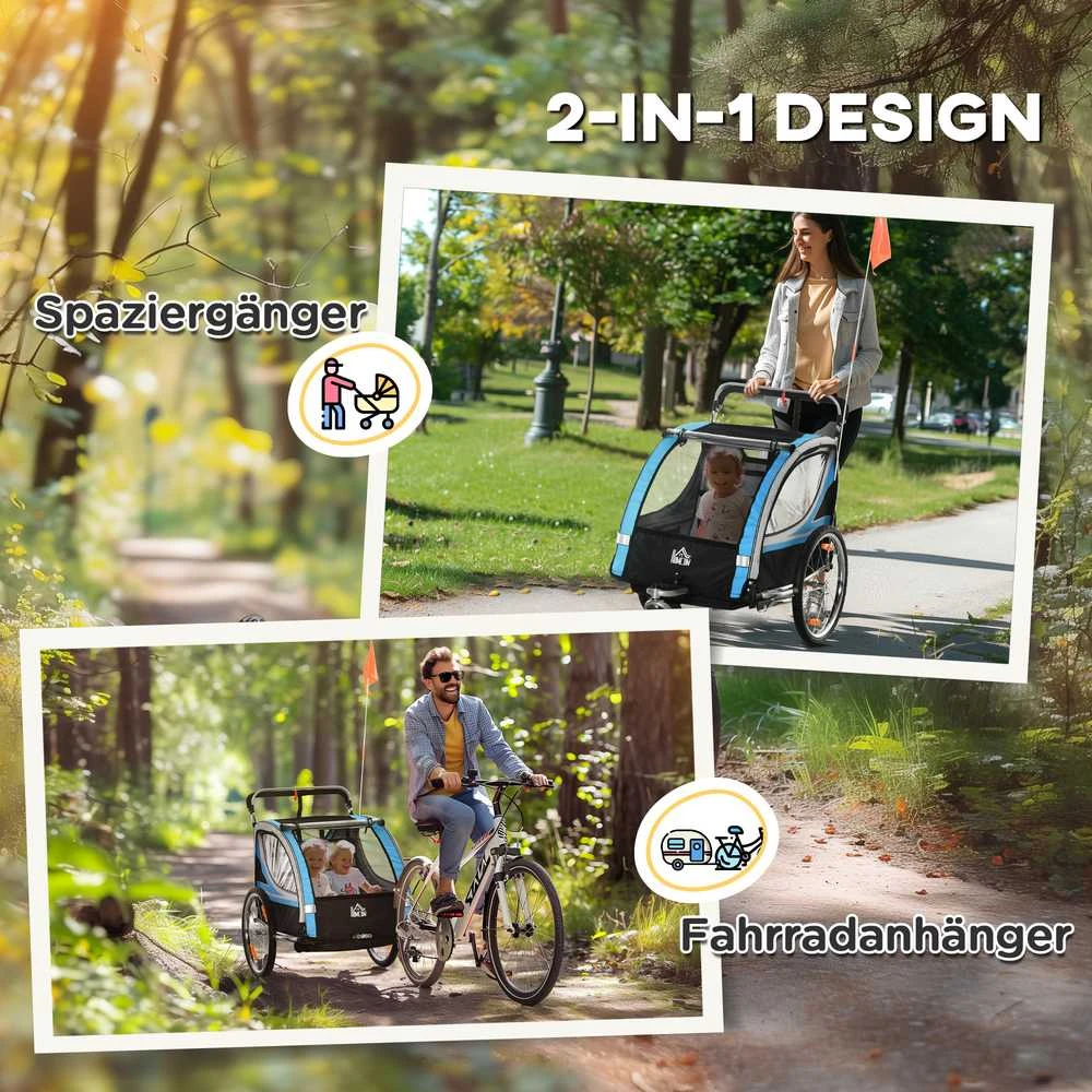 HOMCOM dviračio priekaba 2 viename, vaikiškas vežimėlis, besisukantis 360°, plienas, Oksfordo audinys, mėlyna ir juoda