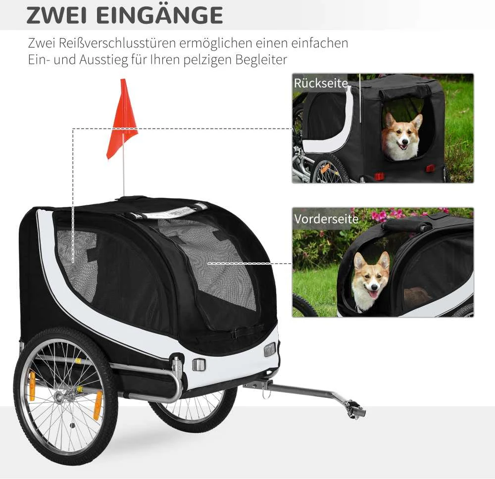 PawHut šunų priekaba dviračių priekaba šunų transporteris dviratis balta+juoda 130x73x90cm