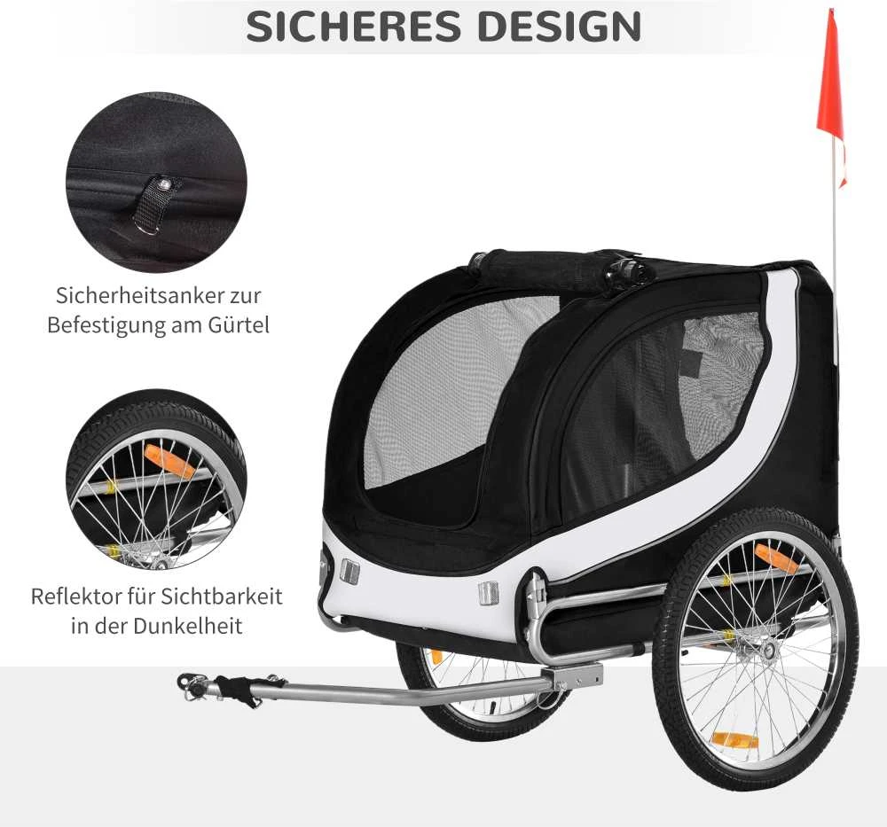 PawHut šunų priekaba dviračių priekaba šunų transporteris dviratis balta+juoda 130x73x90cm