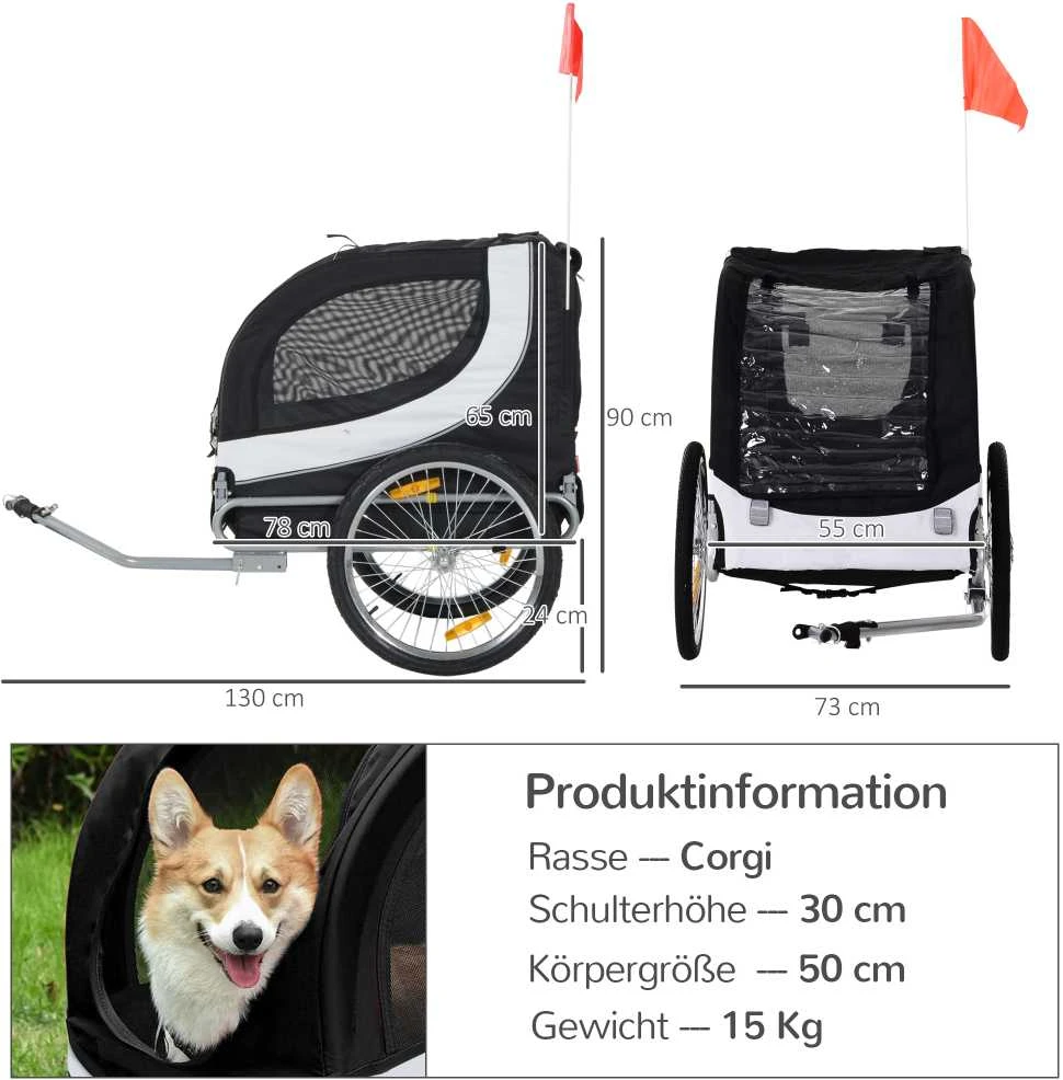 PawHut šunų priekaba dviračių priekaba šunų transporteris dviratis balta+juoda 130x73x90cm