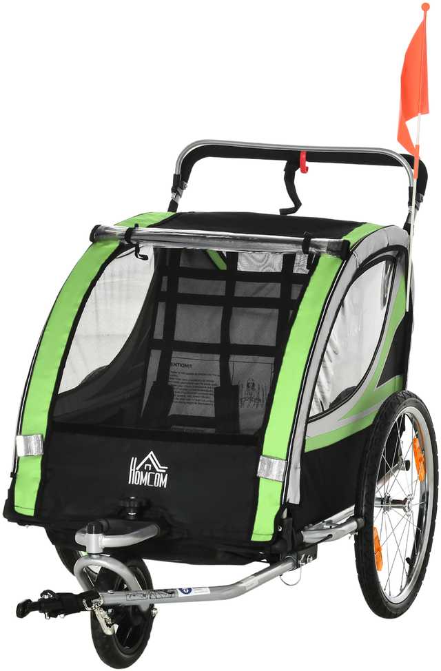 HOMCOM 2-in-1 vaikiška priekaba, dviračio priekaba su 5 taškų saugos diržais, besisukanti 360° kampu, su vėliavėle, skirta ne daugiau kaip dviem vaikams nuo 1,5 metų