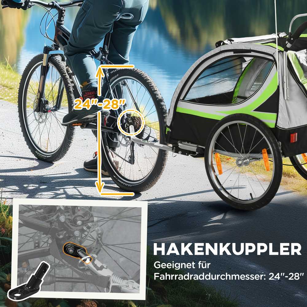 HOMCOM 2-in-1 vaikiška priekaba, dviračio priekaba su 5 taškų saugos diržais, besisukanti 360° kampu, su vėliavėle, skirta ne daugiau kaip dviem vaikams nuo 1,5 metų