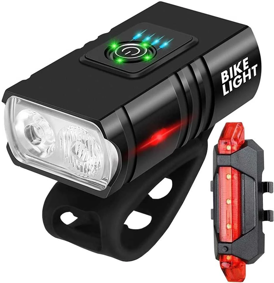 Dviračio žibintai su LED T6 priekiui ir galui, USB įkrovimas
