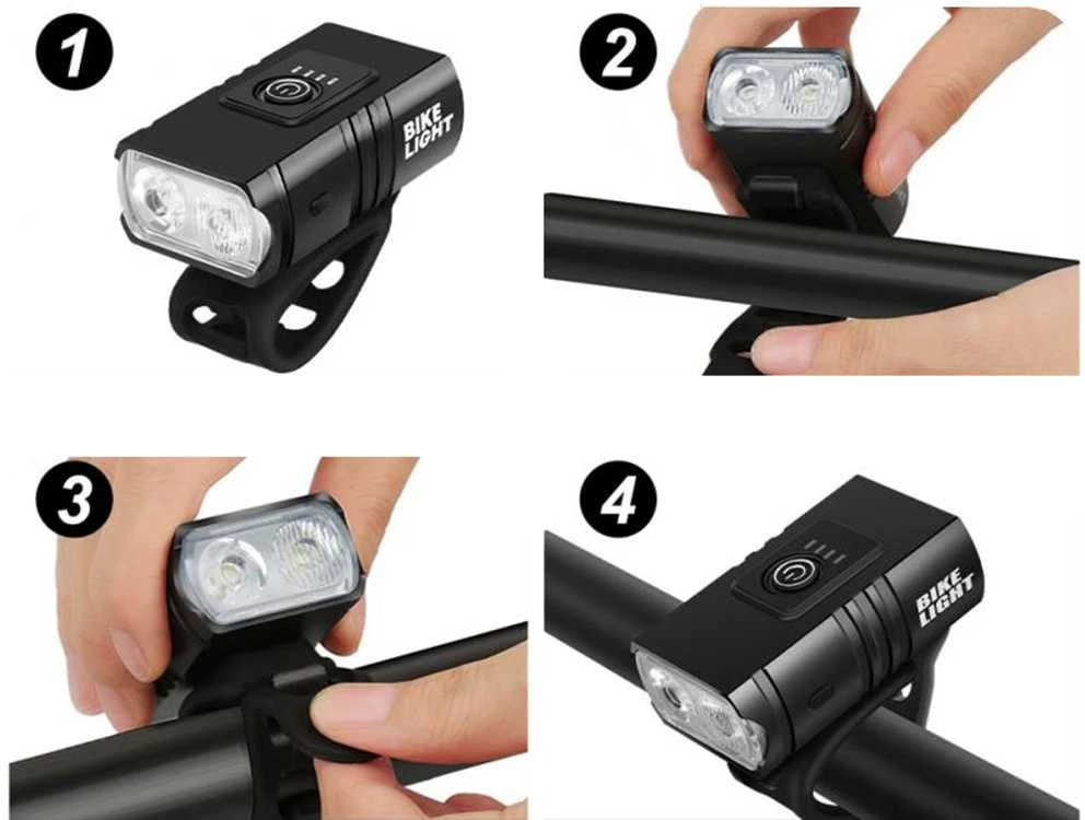 Dviračio žibintai su LED T6 priekiui ir galui, USB įkrovimas