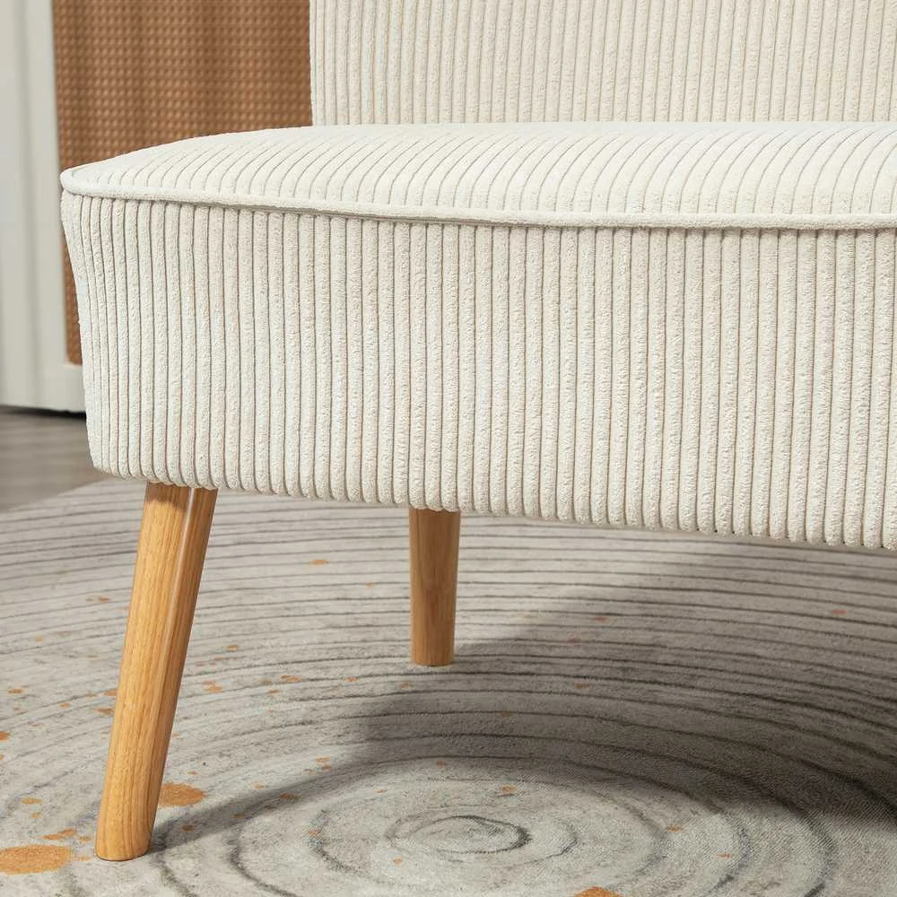 HOMCOM 2 vietų sofa, moderni sofa be porankių, paminkštinta, kordinės išvaizdos, maža svetainės sofa su medinėmis kojelėmis, 117 x 56,5 x 77 cm, kreminė balta