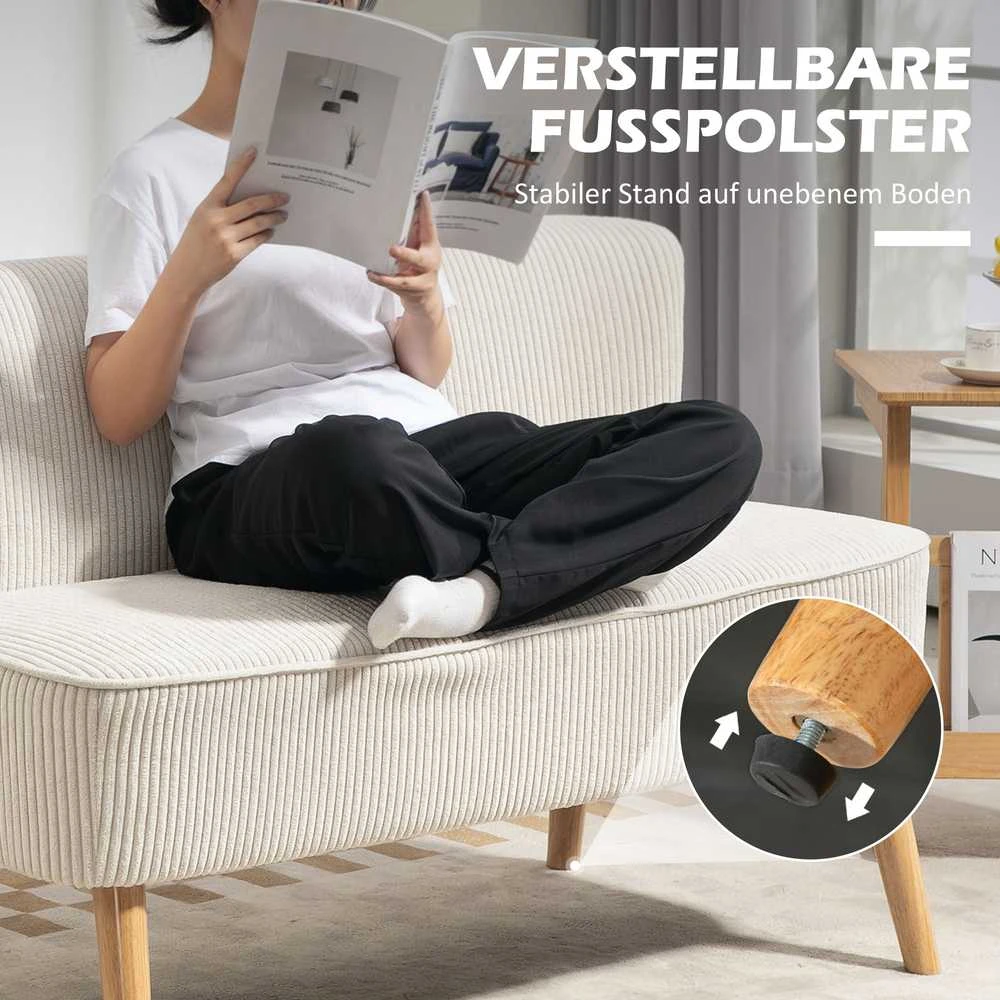 HOMCOM 2 vietų sofa, moderni sofa be porankių, paminkštinta, kordinės išvaizdos, maža svetainės sofa su medinėmis kojelėmis, 117 x 56,5 x 77 cm, kreminė balta