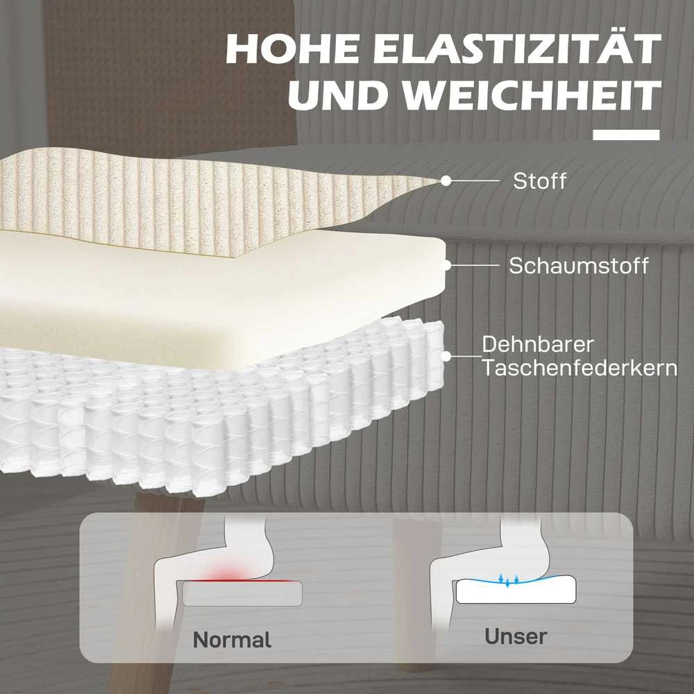 HOMCOM 2 vietų sofa, moderni sofa be porankių, paminkštinta, kordinės išvaizdos, maža svetainės sofa su medinėmis kojelėmis, 117 x 56,5 x 77 cm, kreminė balta
