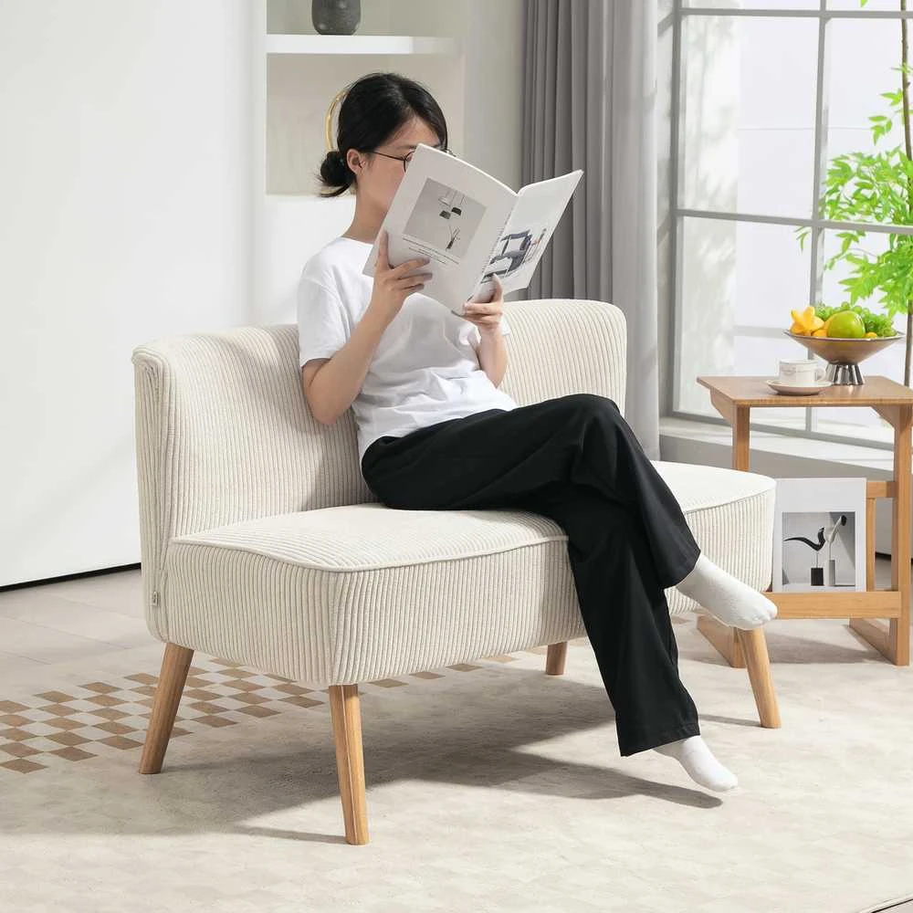 HOMCOM 2 vietų sofa, moderni sofa be porankių, paminkštinta, kordinės išvaizdos, maža svetainės sofa su medinėmis kojelėmis, 117 x 56,5 x 77 cm, kreminė balta
