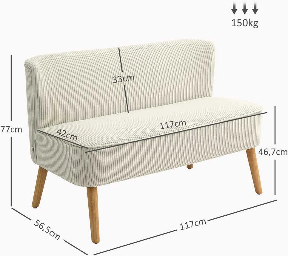 HOMCOM 2 vietų sofa, moderni sofa be porankių, paminkštinta, kordinės išvaizdos, maža svetainės sofa su medinėmis kojelėmis, 117 x 56,5 x 77 cm, kreminė balta