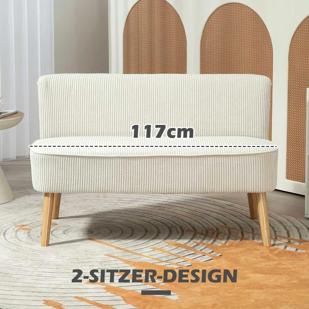 HOMCOM 2 vietų sofa, moderni sofa be porankių, paminkštinta, kordinės išvaizdos, maža svetainės sofa su medinėmis kojelėmis, 117 x 56,5 x 77 cm, kreminė balta