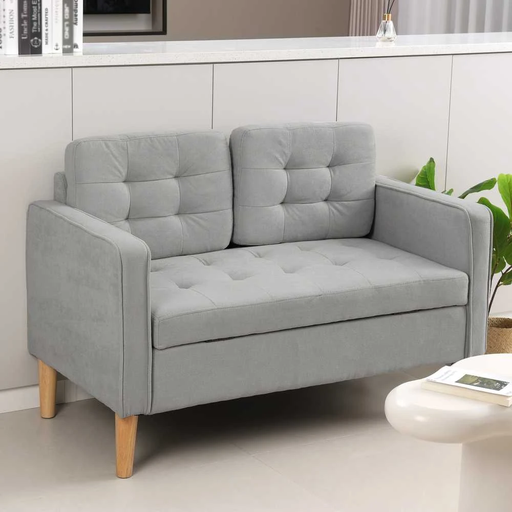 HOMCOM dvivietė sofa, sofa su daiktadėže, medinės kojelės, paminkštinta sofa, dvivietė sofa su aksomo efektu svetainei, miegamajam, 117 x 62 x 78 cm, šviesiai pilka | Aosom