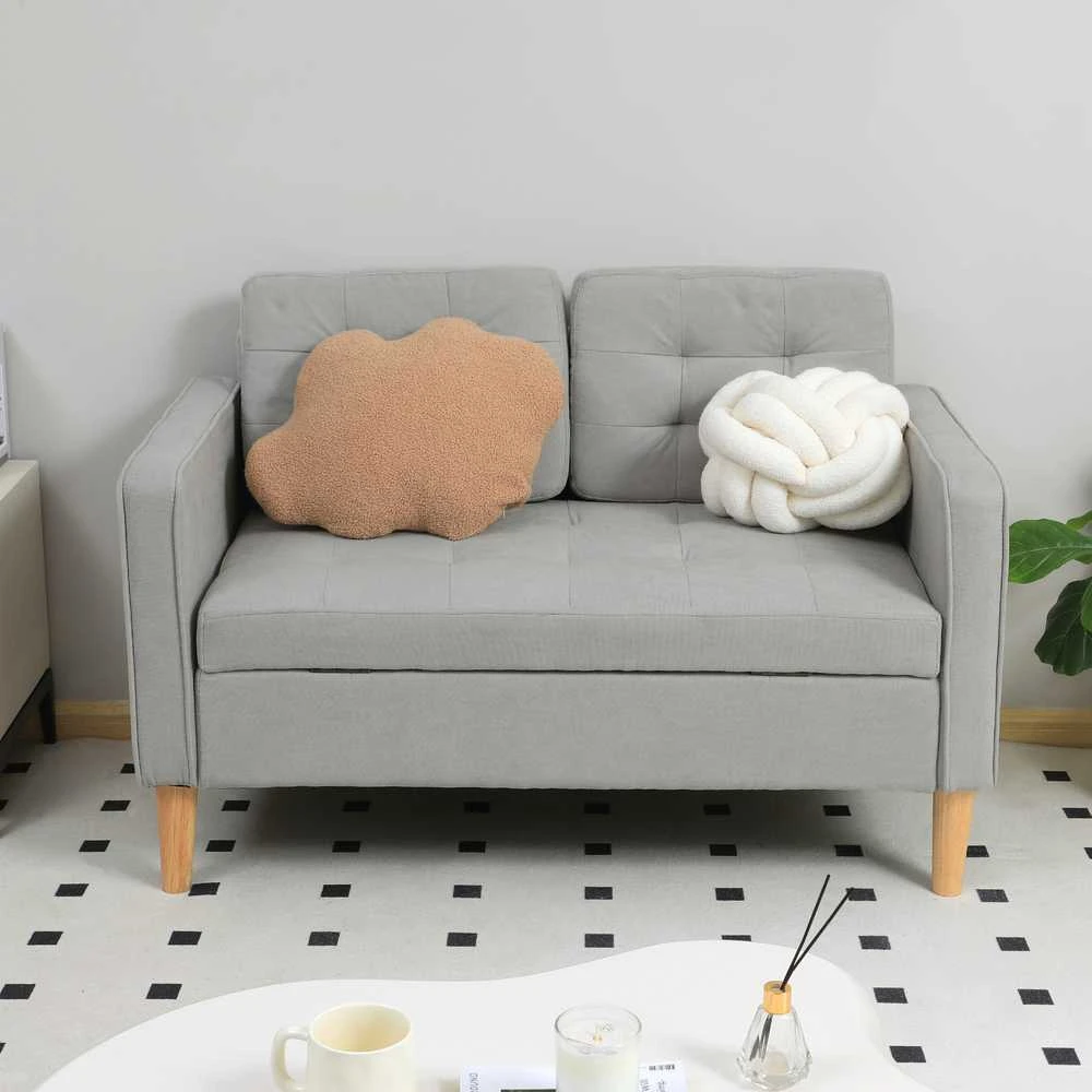HOMCOM dvivietė sofa, sofa su daiktadėže, medinės kojelės, paminkštinta sofa, dvivietė sofa su aksomo efektu svetainei, miegamajam, 117 x 62 x 78 cm, šviesiai pilka | Aosom