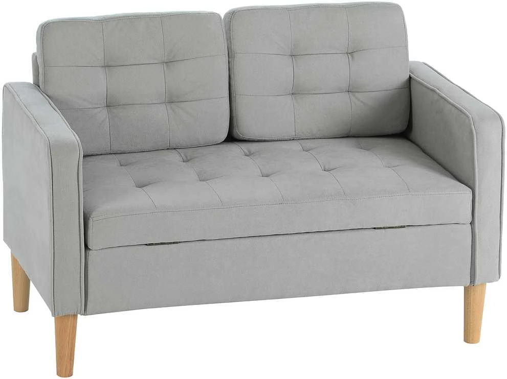 HOMCOM dvivietė sofa, sofa su daiktadėže, medinės kojelės, paminkštinta sofa, dvivietė sofa su aksomo efektu svetainei, miegamajam, 117 x 62 x 78 cm, šviesiai pilka | Aosom