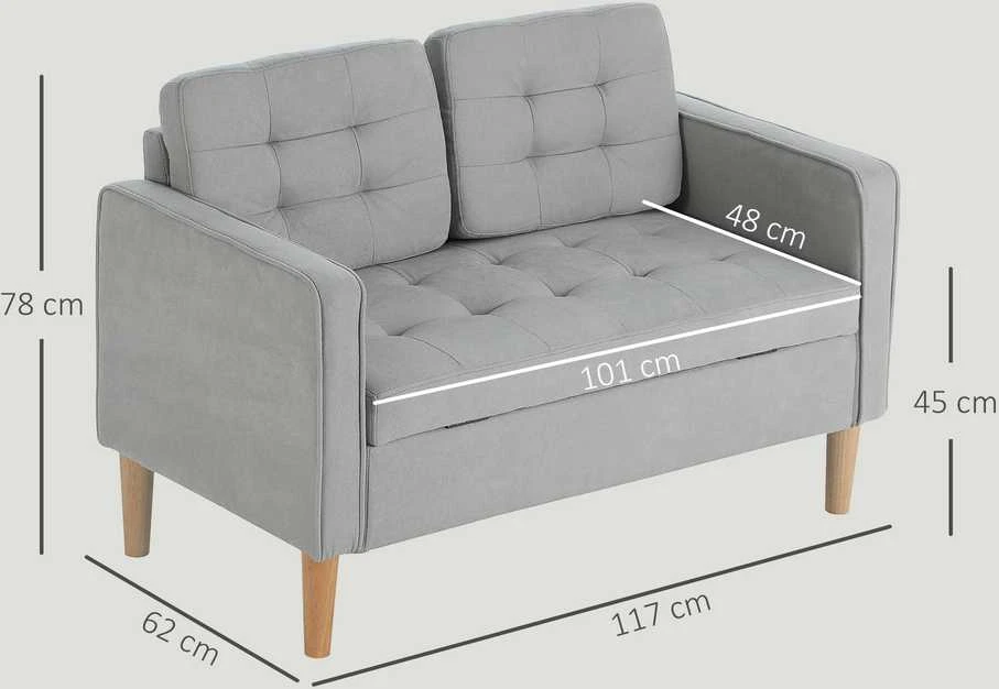HOMCOM dvivietė sofa, sofa su daiktadėže, medinės kojelės, paminkštinta sofa, dvivietė sofa su aksomo efektu svetainei, miegamajam, 117 x 62 x 78 cm, šviesiai pilka | Aosom
