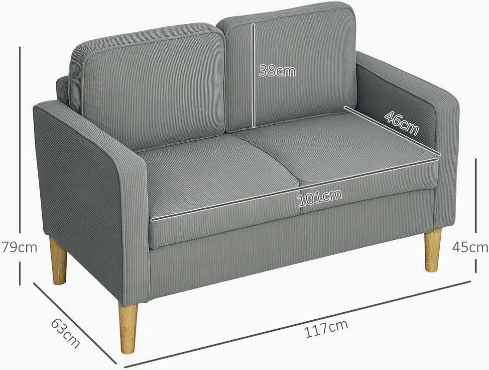 HOMCOM dvivietė sofa, maža sofa su porankiais, daiktadėžė, moderni gobeleninė sofa su velveto išvaizda, medinės kojelės, pagalvėlės, poilsio sofa svetainei, miegamajam, 117 x 63 x 79 cm, šviesiai pilka