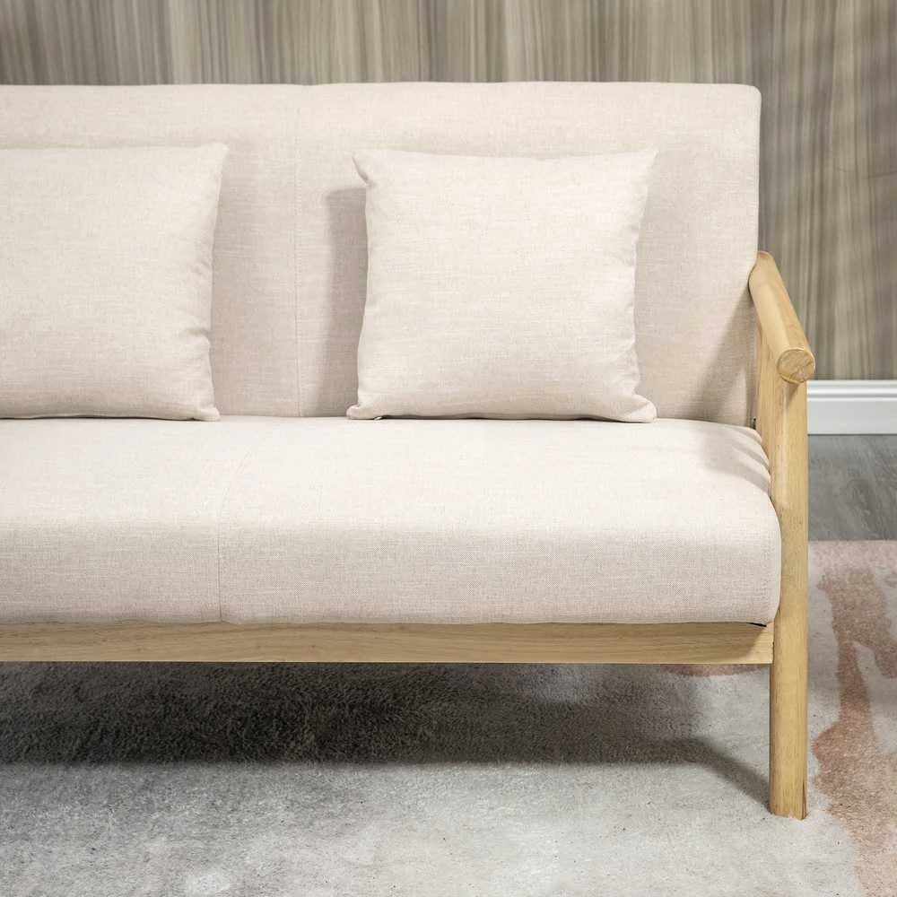 HOMCOM dvivietė sofa, 2 pagalvėlės juosmeniui, paminkštinta, medinis rėmas, lino išvaizda, mažiems kambariams, smėlio spalvos
