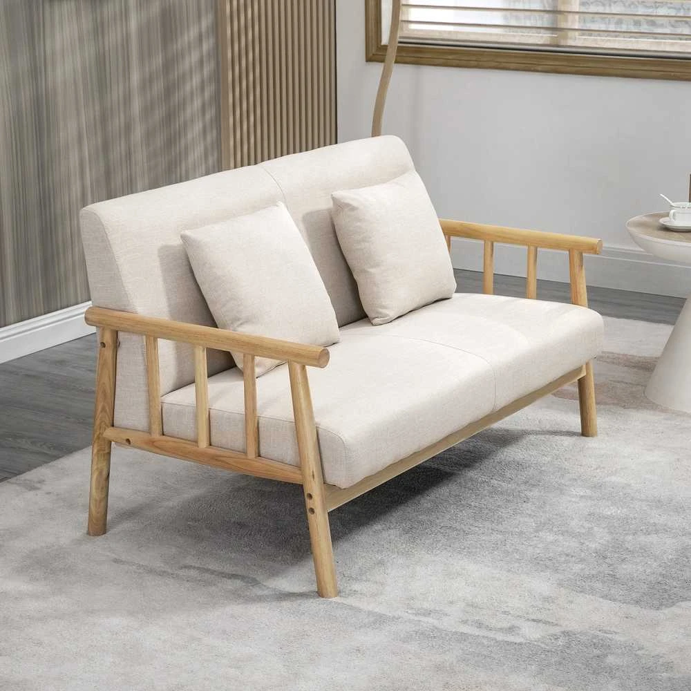 HOMCOM dvivietė sofa, 2 pagalvėlės juosmeniui, paminkštinta, medinis rėmas, lino išvaizda, mažiems kambariams, smėlio spalvos