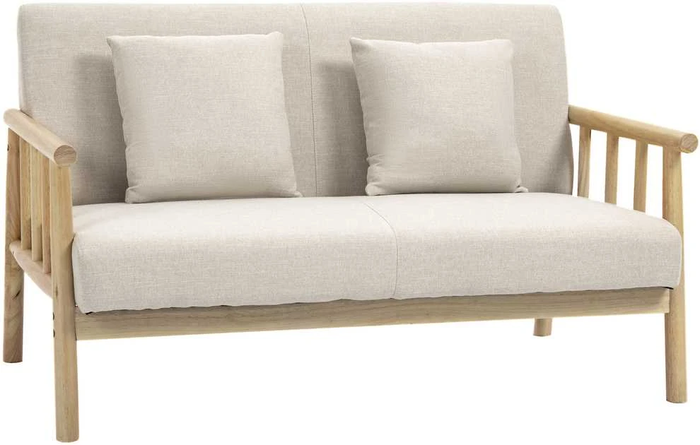 HOMCOM dvivietė sofa, 2 pagalvėlės juosmeniui, paminkštinta, medinis rėmas, lino išvaizda, mažiems kambariams, smėlio spalvos