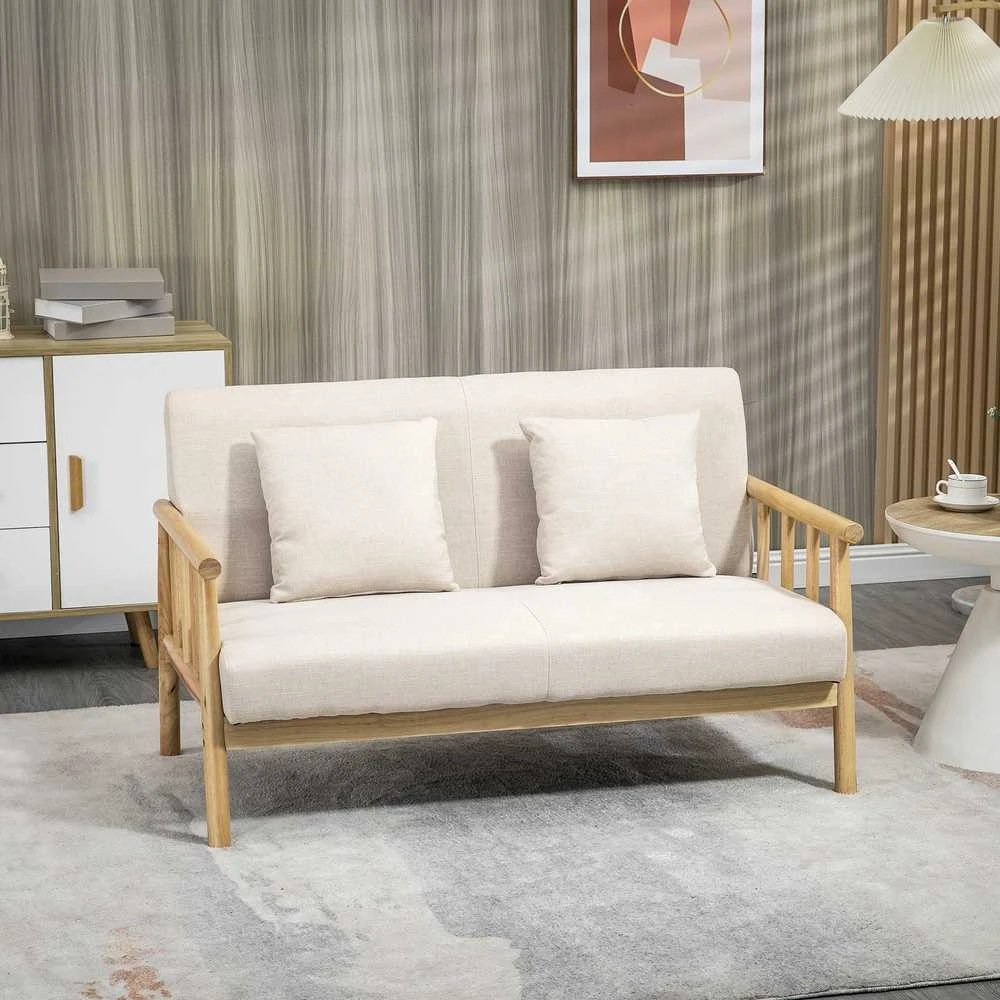 HOMCOM dvivietė sofa, 2 pagalvėlės juosmeniui, paminkštinta, medinis rėmas, lino išvaizda, mažiems kambariams, smėlio spalvos