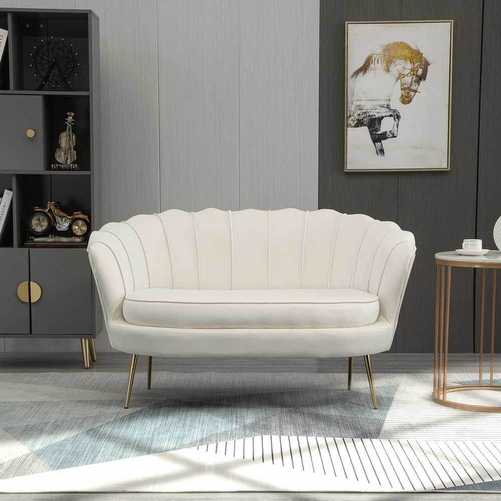 HOMCOM 2 sėdimų vietų sofa sofa minkšta sofa loveseat porankis aksomas iki 150 kg svetainė miegamasis kreminė 130x77x77cm