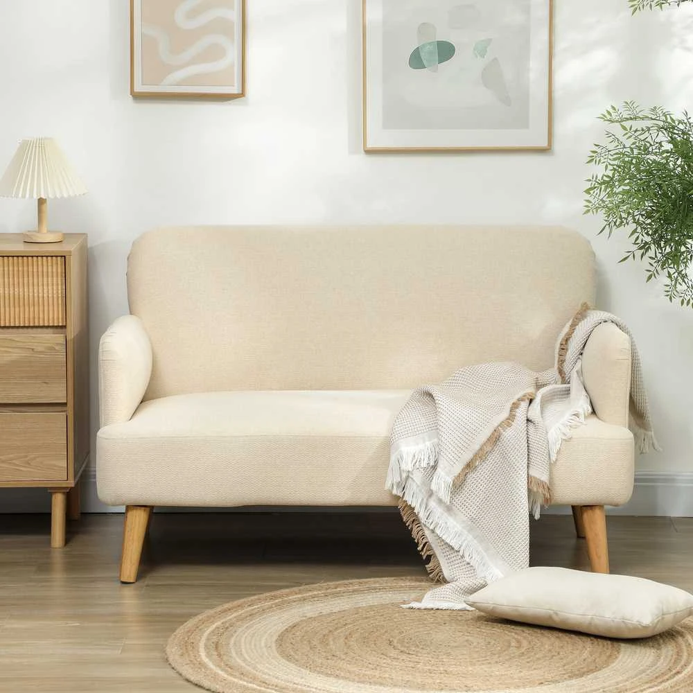 HOMCOM dvivietė sofa, maža sofa su aksomo efektu, medinės kojelės, paminkštinta sofa su porankiais svetainei, miegamajam, 130 x 74 x 79 cm, kreminė balta