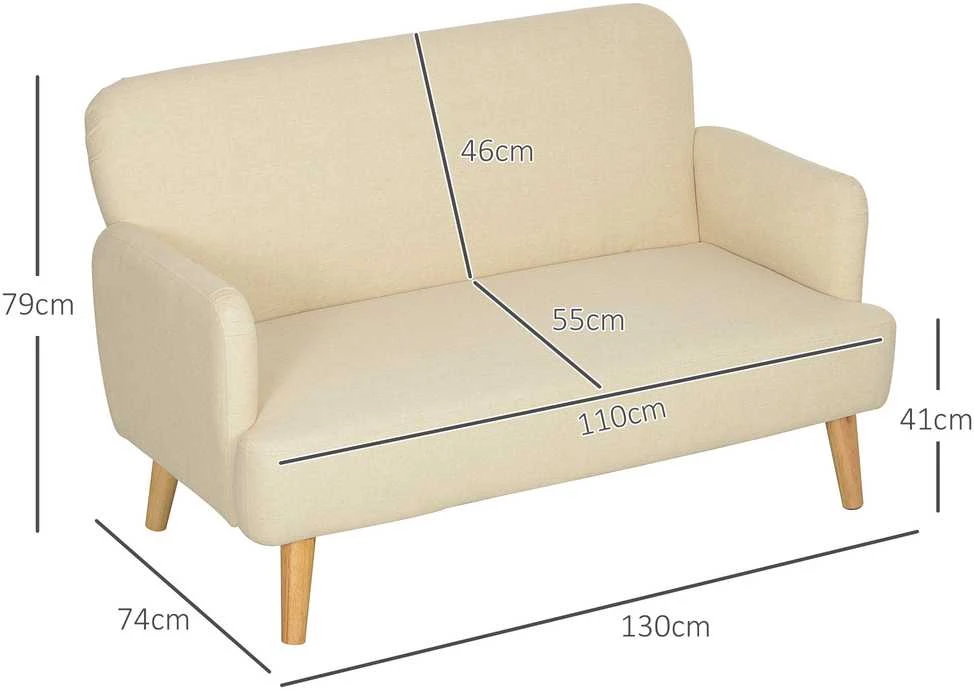 HOMCOM dvivietė sofa, maža sofa su aksomo efektu, medinės kojelės, paminkštinta sofa su porankiais svetainei, miegamajam, 130 x 74 x 79 cm, kreminė balta