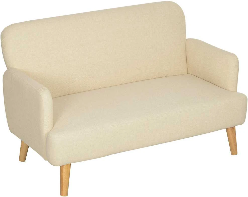 HOMCOM dvivietė sofa, maža sofa su aksomo efektu, medinės kojelės, paminkštinta sofa su porankiais svetainei, miegamajam, 130 x 74 x 79 cm, kreminė balta