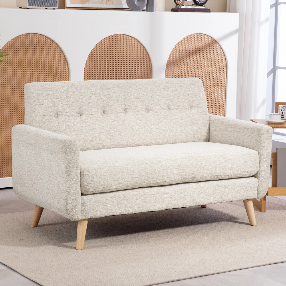 HOMCOM dvivietė sofa, sofa su storomis sėdynės ir nugaros pagalvėlėmis, aksominė išvaizda, minkšta sofa su medinėmis kojelėmis, modernaus stiliaus dvivietė sofa svetainei, miegamajam, smėlio spalvos