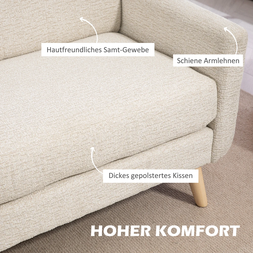 HOMCOM dvivietė sofa, sofa su storomis sėdynės ir nugaros pagalvėlėmis, aksominė išvaizda, minkšta sofa su medinėmis kojelėmis, modernaus stiliaus dvivietė sofa svetainei, miegamajam, smėlio spalvos