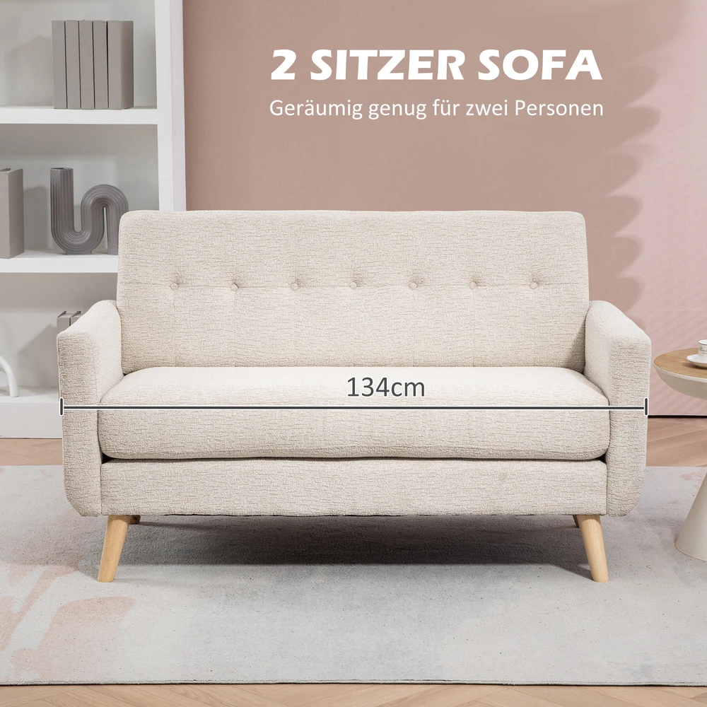 HOMCOM dvivietė sofa, sofa su storomis sėdynės ir nugaros pagalvėlėmis, aksominė išvaizda, minkšta sofa su medinėmis kojelėmis, modernaus stiliaus dvivietė sofa svetainei, miegamajam, smėlio spalvos