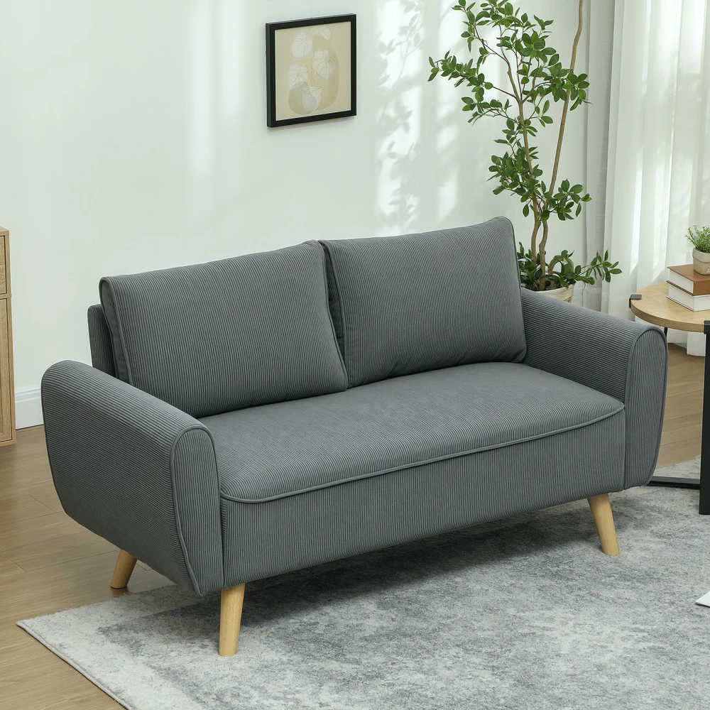 HOMCOM dvivietė sofa su 2 pagalvėlėmis, minkšta sofa su 54 cm itin giliomis sėdynėmis, kordine medžiaga aptraukta sofa, maža sofa su mediniu rėmu, dvivietė sofa svetainei, miegamajam, biurui, 145 x 75 x 78 cm, tamsiai pilka