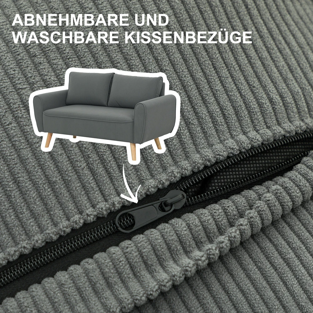 HOMCOM dvivietė sofa su 2 pagalvėlėmis, minkšta sofa su 54 cm itin giliomis sėdynėmis, kordine medžiaga aptraukta sofa, maža sofa su mediniu rėmu, dvivietė sofa svetainei, miegamajam, biurui, 145 x 75 x 78 cm, tamsiai pilka